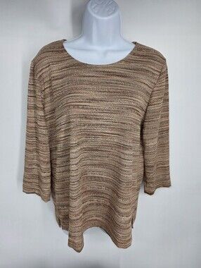 Alfred Dunner Vintage Metallic Space Dye Striped Top Small Brown Tan Knit Shirt